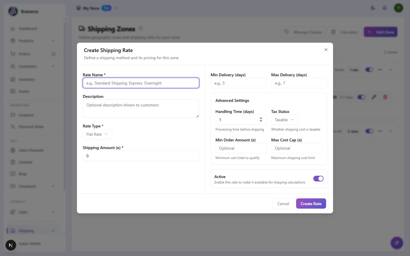 The Create Shipping Rate dialog with Rate Name, Description, Rate Type, Shipping Amount, delivery days, and Advanced Settings covering Handling Time, Tax Status, Min Order Amount, and Max Cost Cap