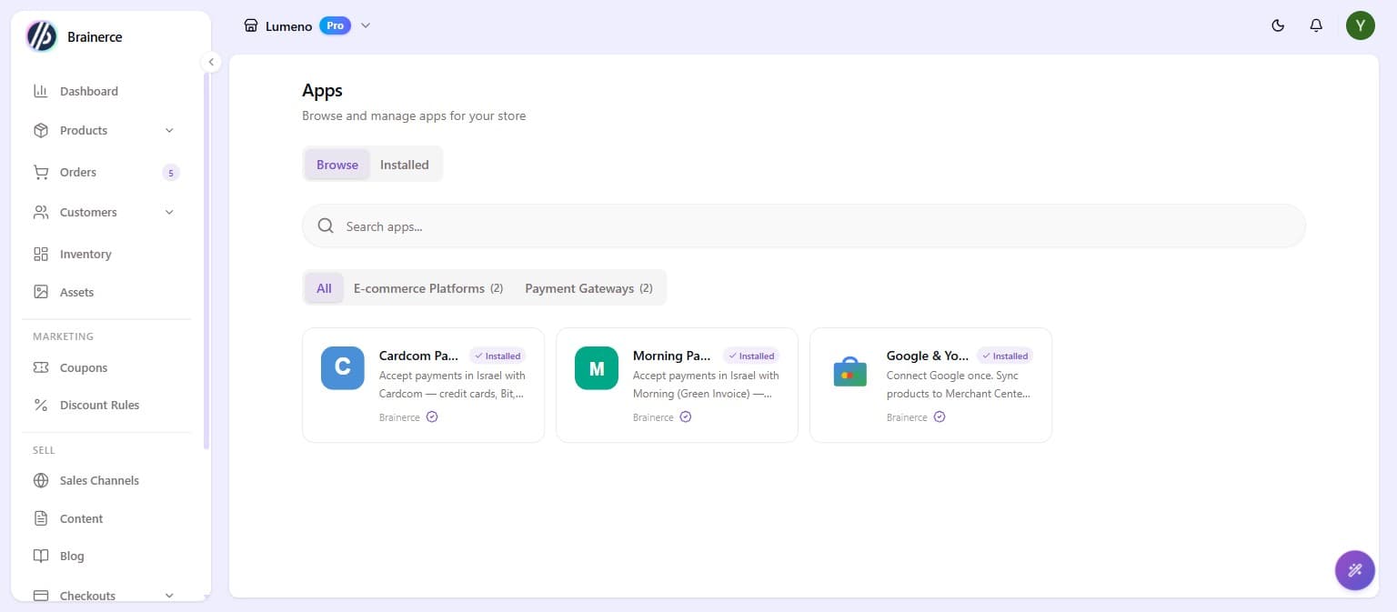 The Apps marketplace Browse tab showing the available payment gateways