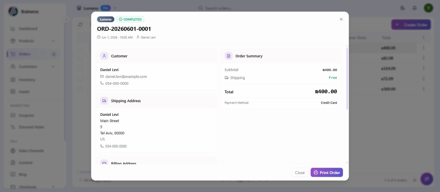 The order detail showing the customer, shipping address, order summary, and payment method
