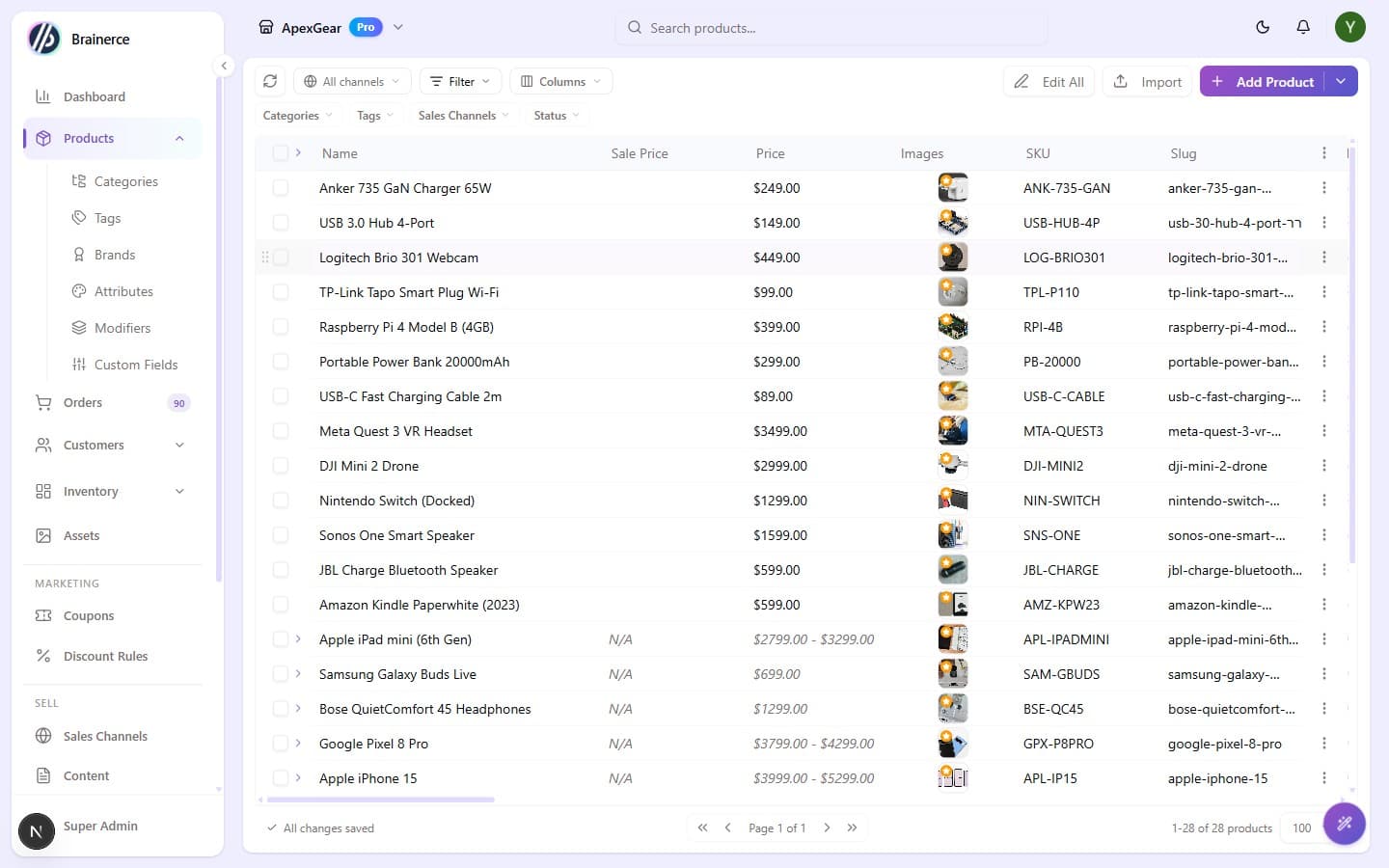 Products list showing existing items and the Add Product button in the top right