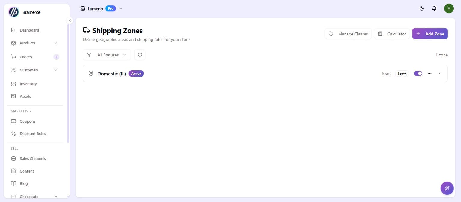 The Shipping Zones page showing a zone with its rate count and status, plus the Add Zone button