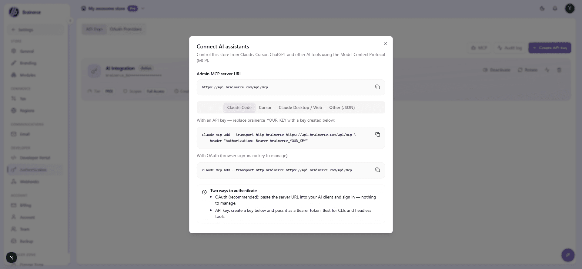 The Claude Code tab of the Connect AI assistants dialog, showing the API-key command and the OAuth command