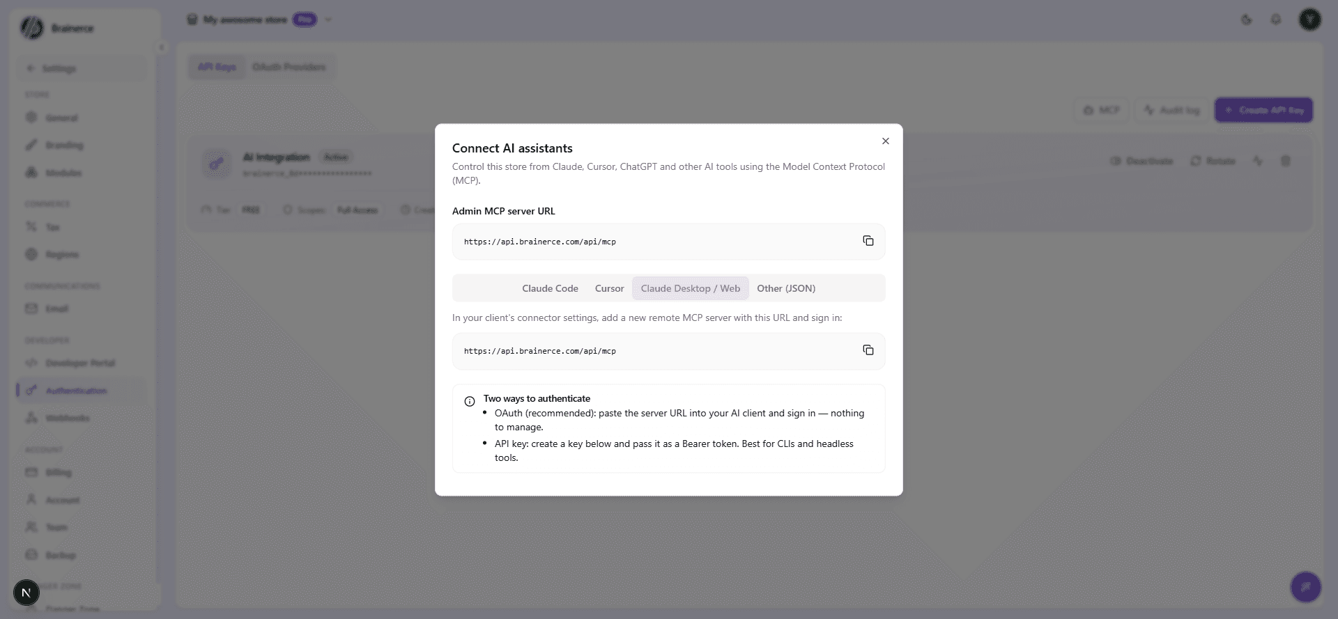 The Claude Desktop / Web tab of the Connect AI assistants dialog, showing the server URL to paste into connector settings
