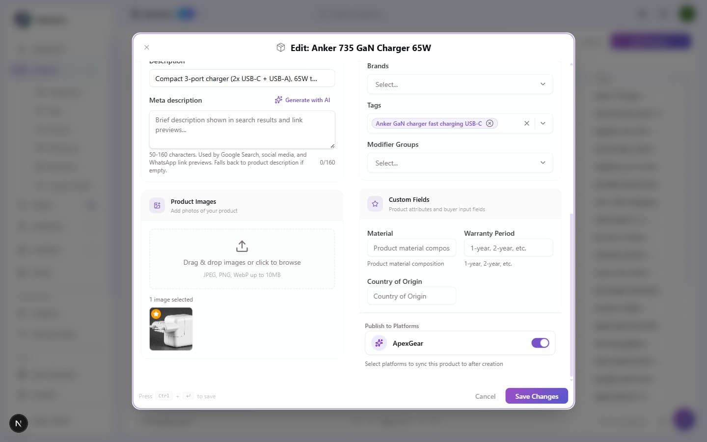 Lower half of the product editor showing Description, Product Images with an uploaded photo, Modifier Groups dropdown, Custom Fields section with Material, Warranty Period, and Country of Origin fields, and Publish to Platforms toggle