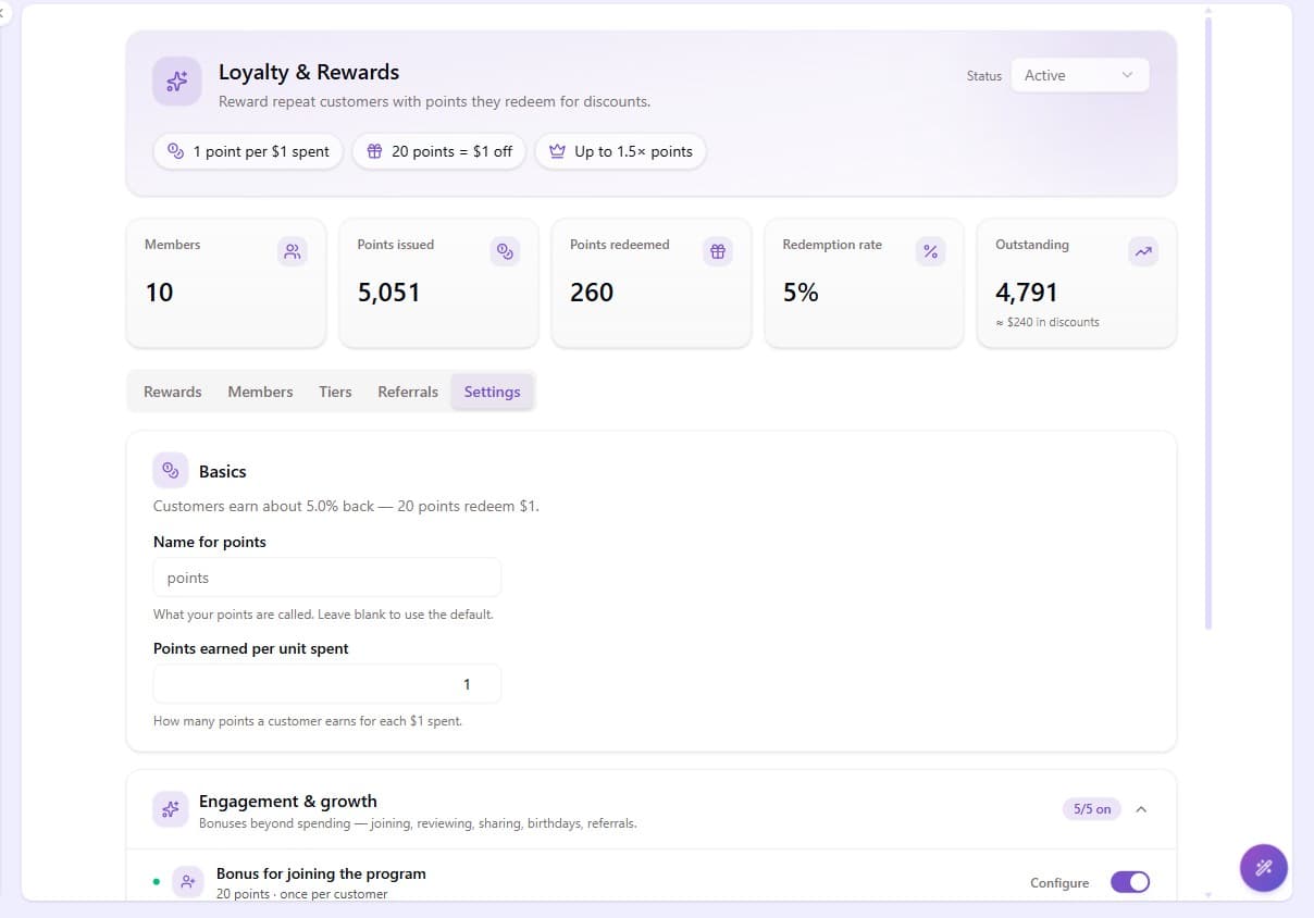 The Engagement & growth section in Loyalty Settings, with a row per incentive (joining, review, social share, birthday gift, referral program), each with a live one-line summary of its configuration, a Configure button and a toggle, plus an active-count badge in the header