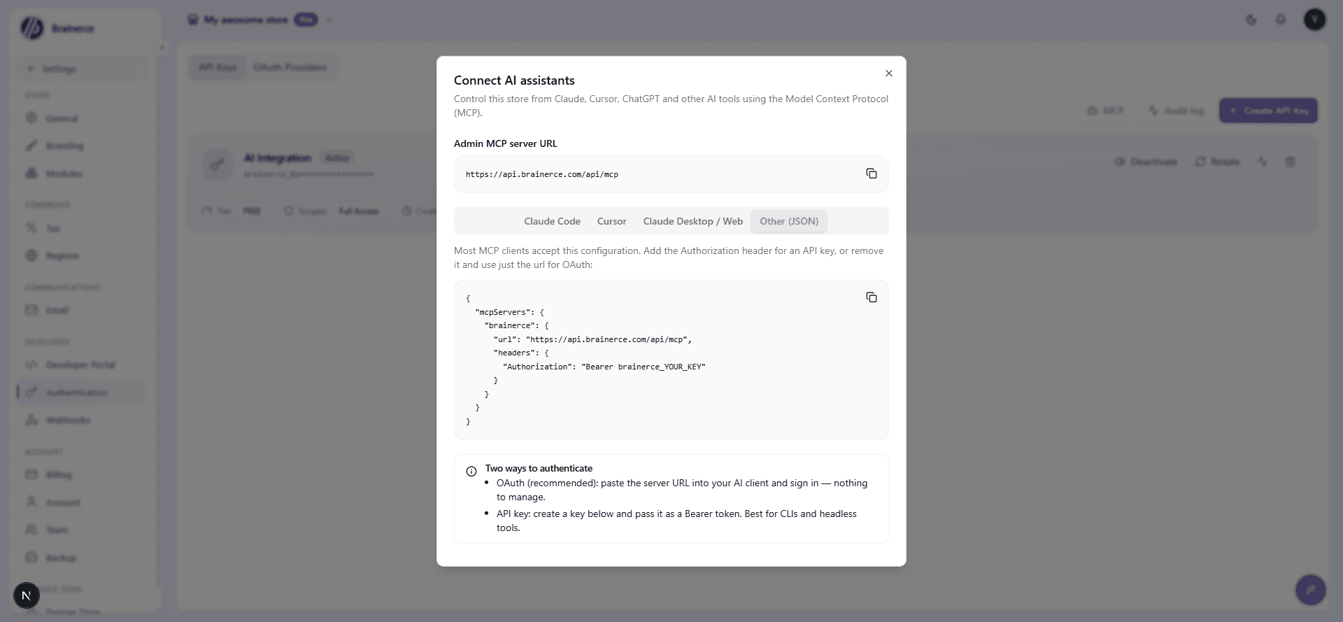 The Other (JSON) tab of the Connect AI assistants dialog, showing the generic config block with an Authorization header