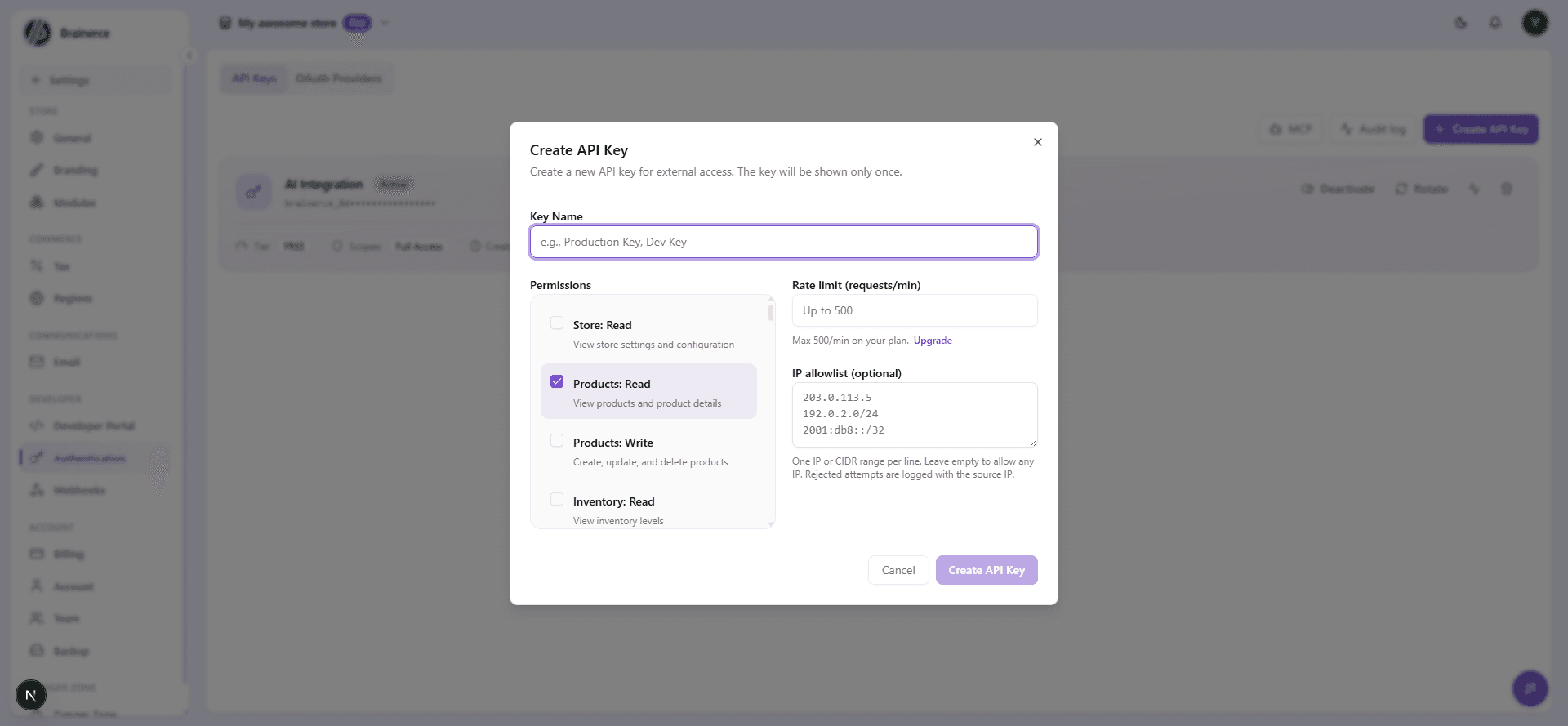 The Create API Key dialog, showing the key name field, a scrollable list of permission checkboxes, rate limit, and IP allowlist