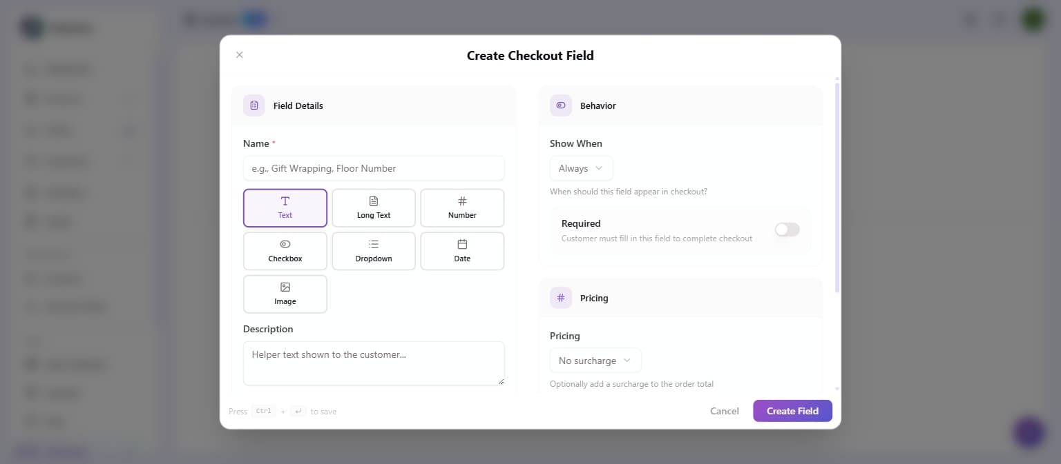 The Create Checkout Field dialog with field name, type options, Show When, Required, and Pricing