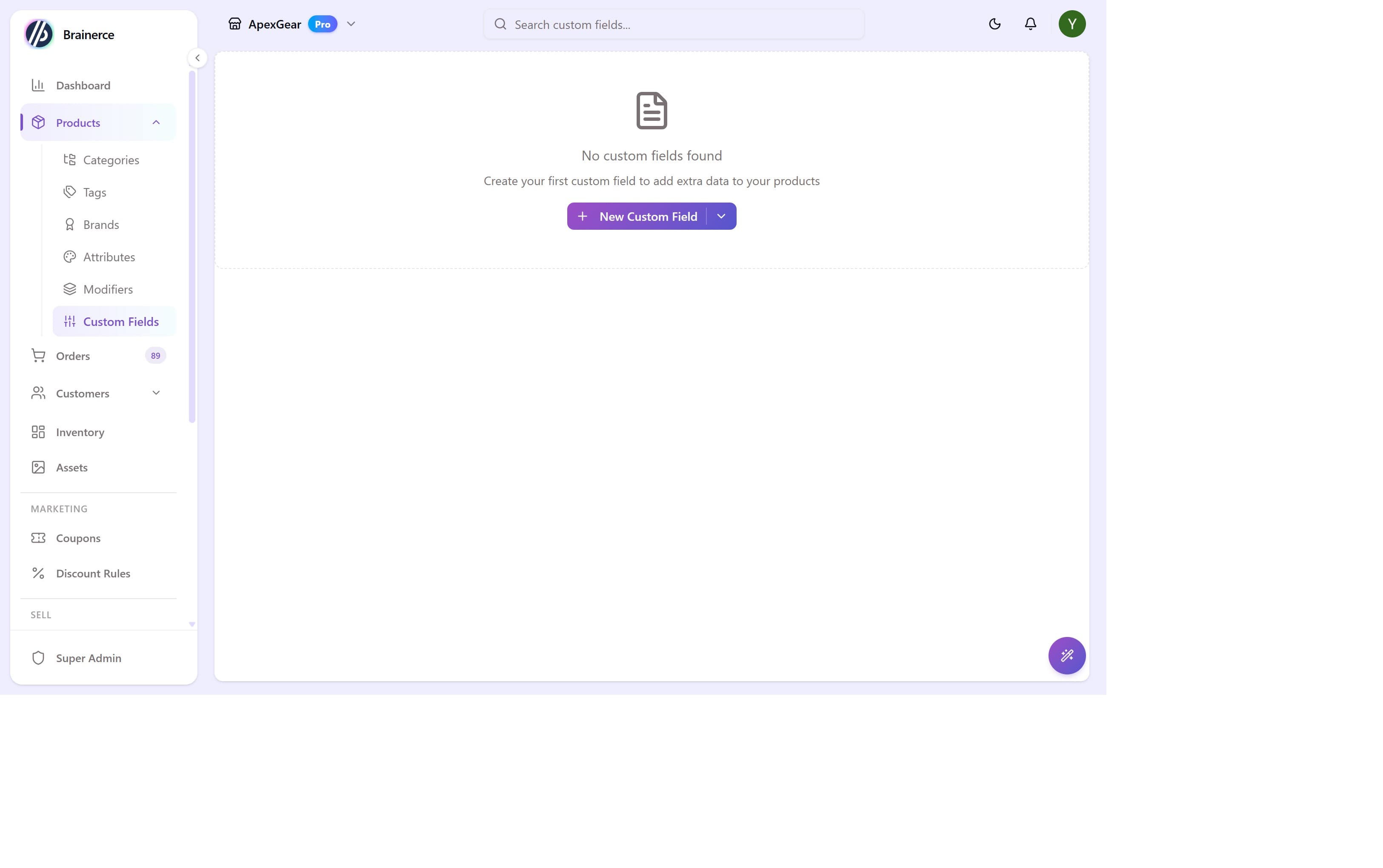 Custom Fields page, empty state with "No custom fields found" and a New Custom Field button