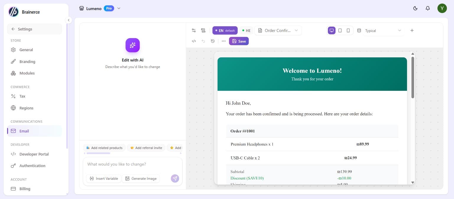 The email template editor with the visual canvas, AI chat panel, template selector, and live preview