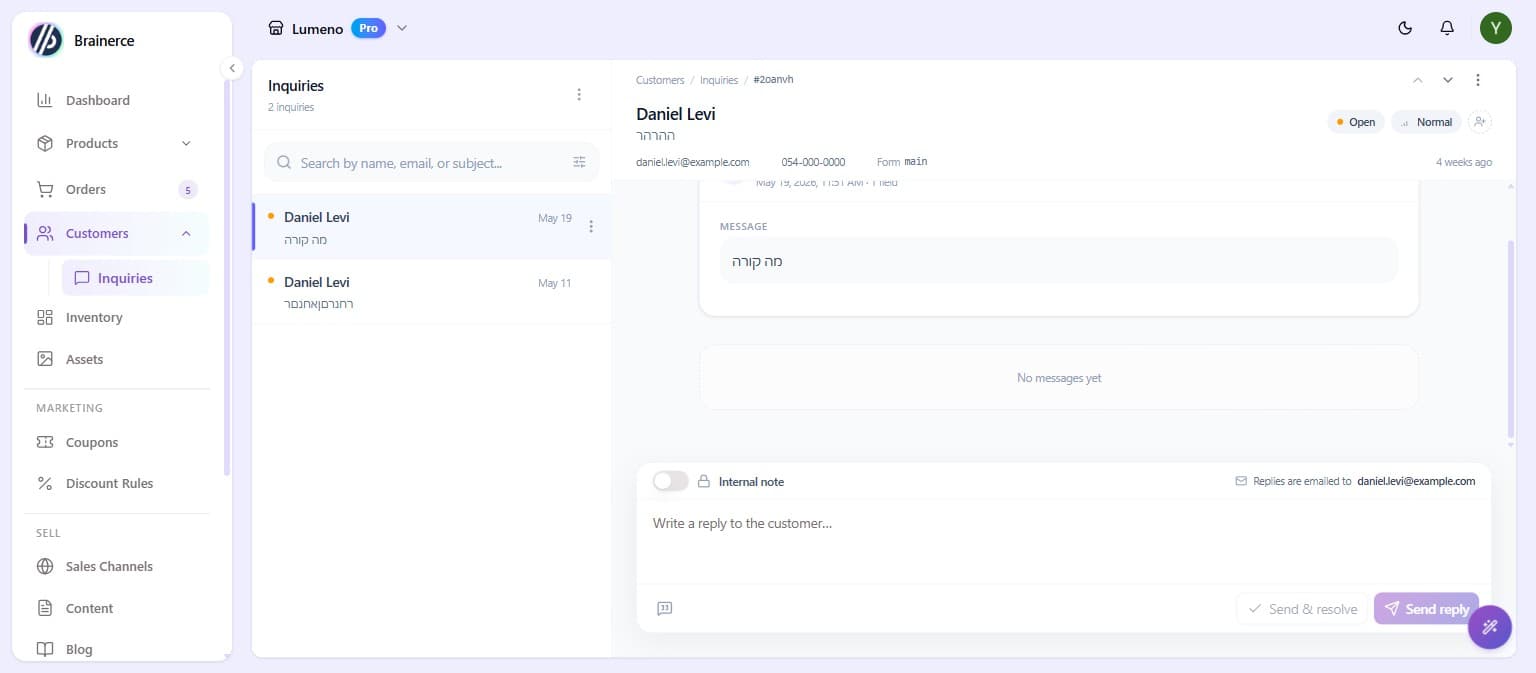 The Inquiries inbox with a conversation open, showing its status, priority, and the reply composer