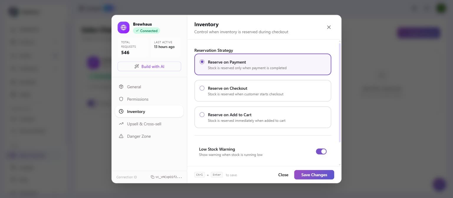 A sales channel's Inventory settings showing the Low Stock Warning toggle