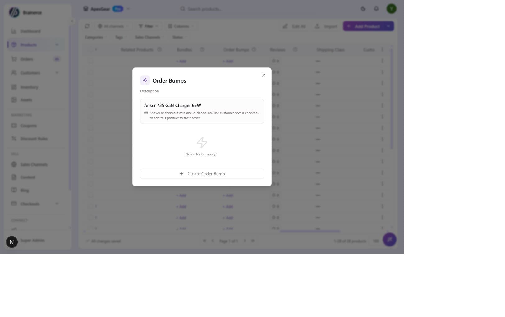 Order Bumps dialog, empty state for a product