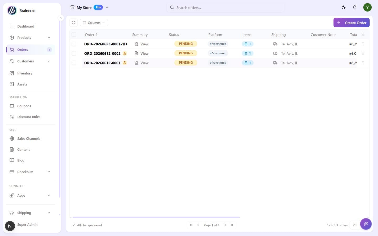 The Orders list with the Status column, where each order shows its status (Pending), order number, Platform, Items, Shipping, and Total
