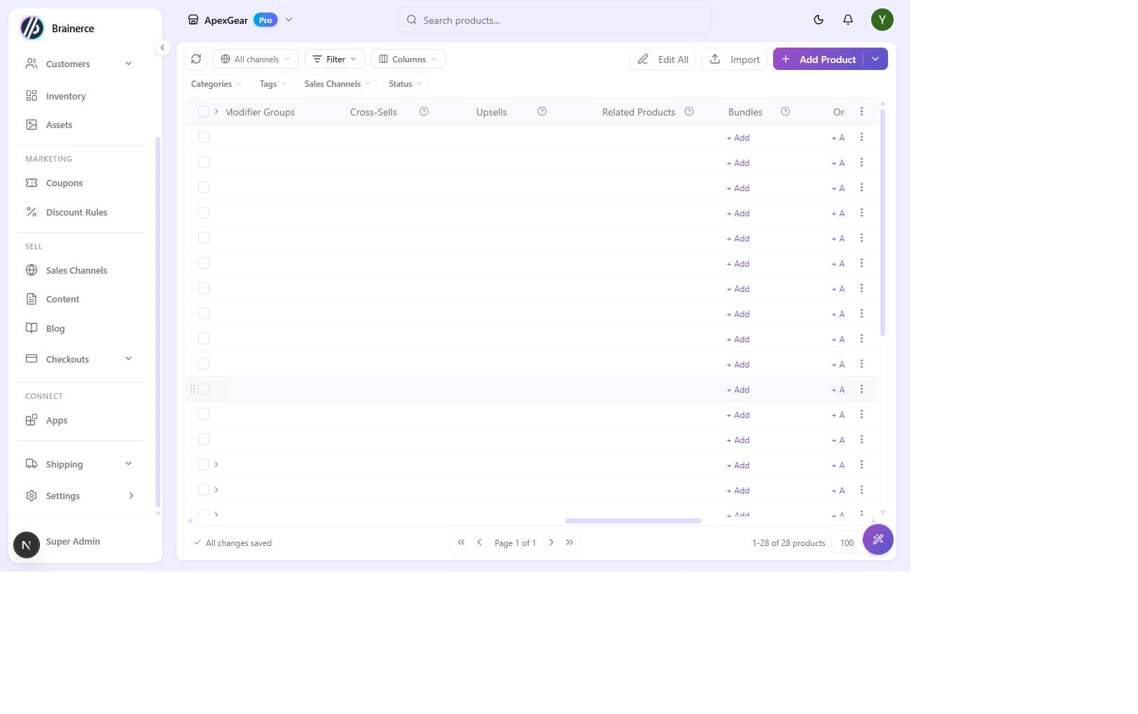 Products table showing Cross-Sells, Upsells, Related Products, Bundles, and Order Bumps columns