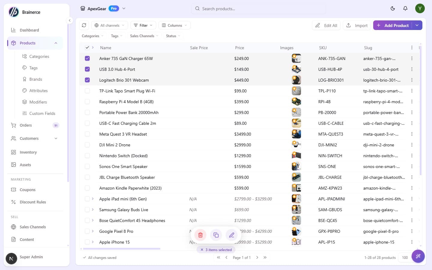Three products selected in the Products table, with a floating action bar showing delete, duplicate, and edit actions and a "3 items selected" indicator