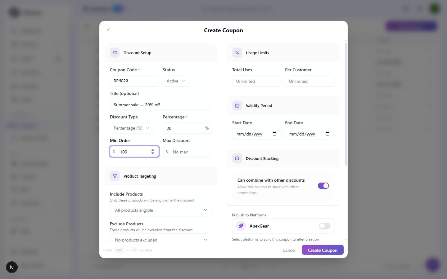 The same Create Coupon form filled in, with Code "DEMO20", Title "Summer sale, 20% off", Discount Type "Percentage (%)", value 20%, Min Order 100, Status Active, usage limits left Unlimited, no validity dates, and "Can combine with other discounts" ON