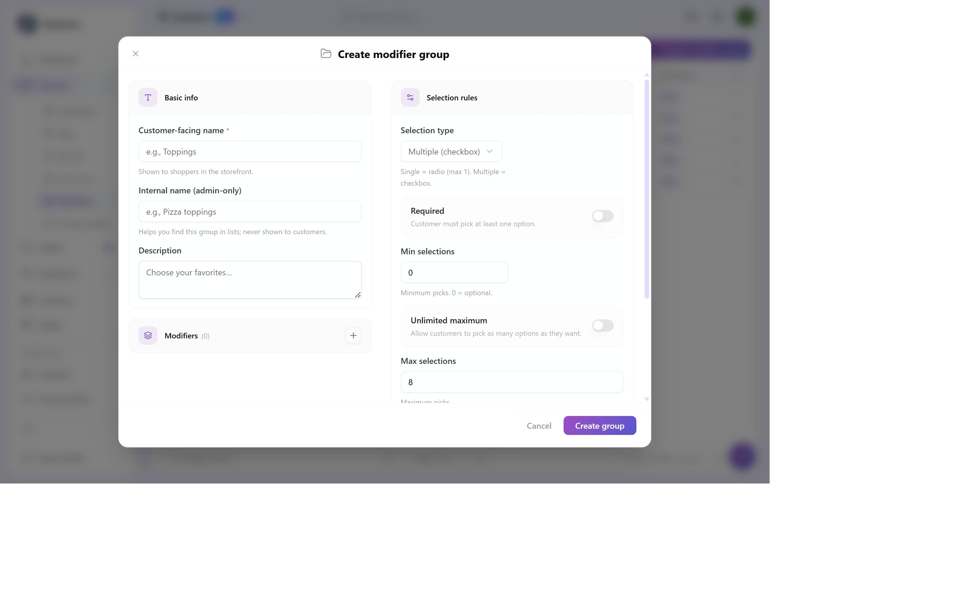 Create Modifier Group dialog with Customer-facing name, Internal name, Description, Status, Selection type, Required toggle, Min/Max selections, and Included free fields