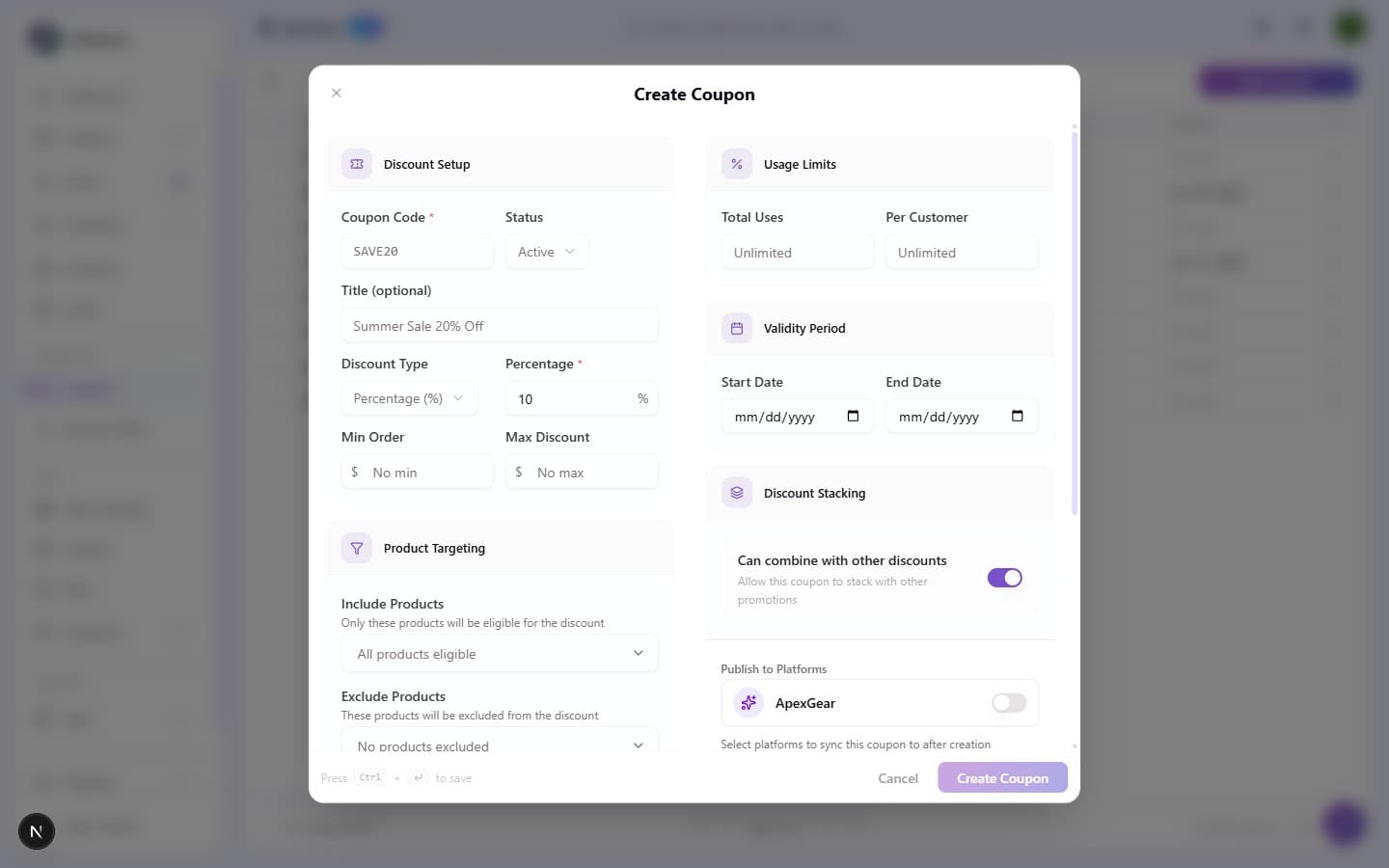 The Create Coupon form at its defaults, with Discount Setup (Coupon Code, Status Active, Title optional, Discount Type "Percentage (%)", value 10%, Min Order, Max Discount), Usage Limits (Total Uses and Per Customer both Unlimited), Validity Period (Start/End Date pickers), Discount Stacking with "Can combine with other discounts" ON, a Product Targeting section (Include/Exclude Products), and a Publish to Platforms section. Footer reads "Press Ctrl + Enter to save."