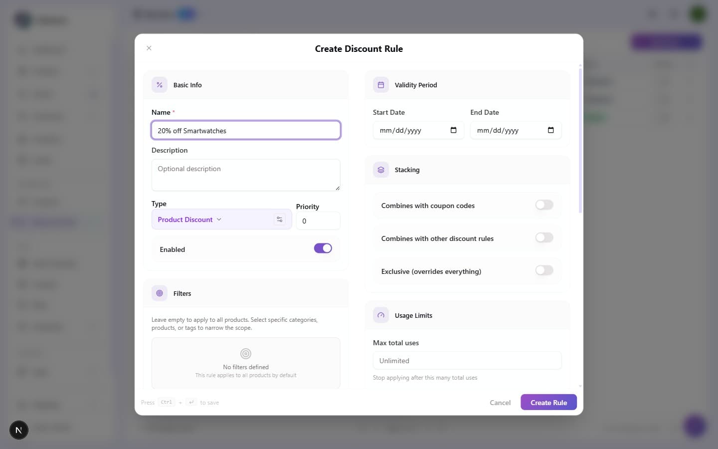The Create Discount Rule form with Basic Info (Name "20% off Smartwatches", Description, Type "Product Discount", Priority, Enabled ON), Validity Period (Start/End Date), Stacking (Combines with coupon codes / other rules / Exclusive toggles), an empty Filters block reading "No filters defined. This rule applies to all products by default", and Usage Limits. Footer: "Press Ctrl + Enter to save."