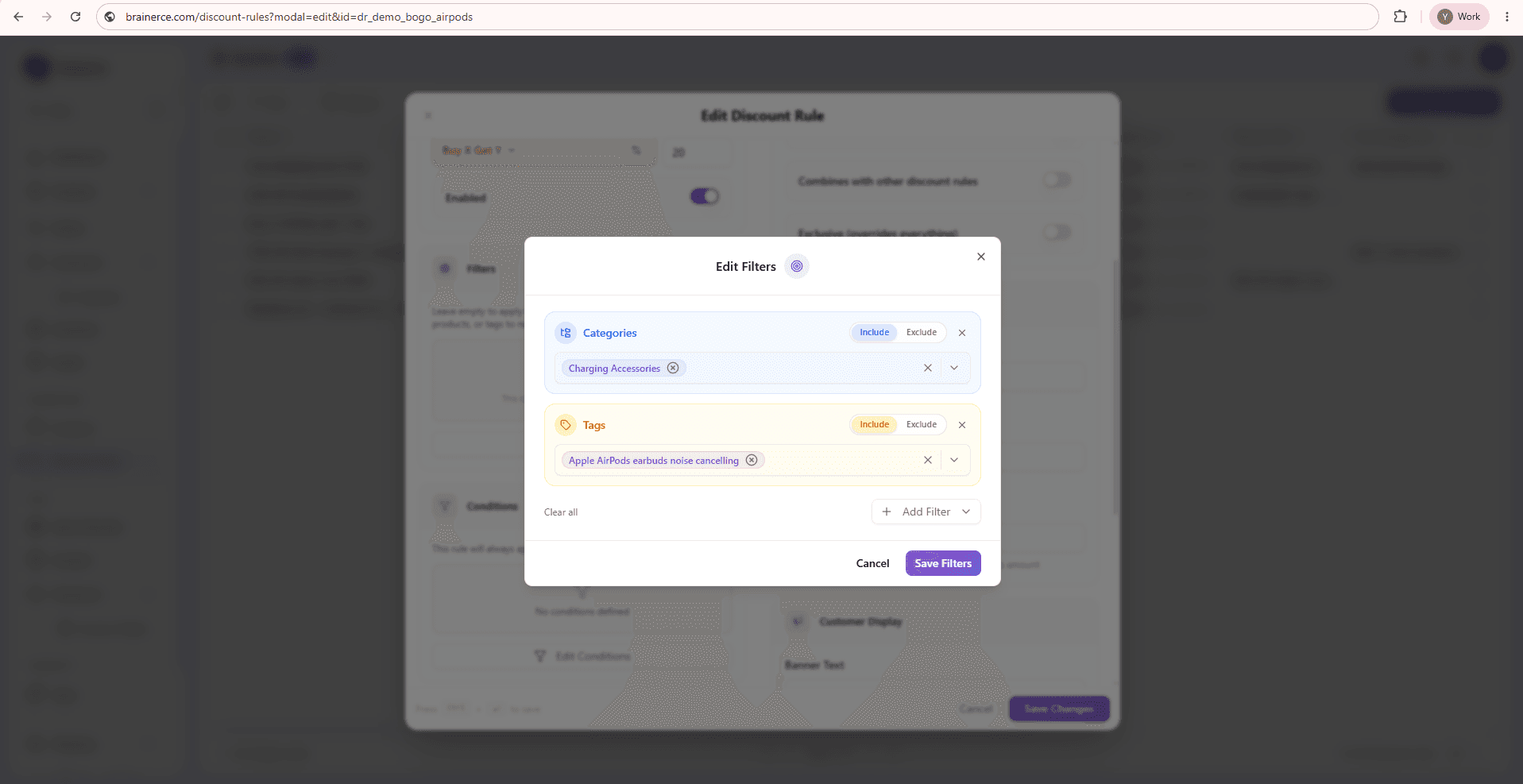 Edit Filters dialog with two filter rows stacked: Categories with "Charging Accessories" tag and an Include/Exclude toggle, Tags with "Apple AirPods earbuds noise cancelling" tag and an Include/Exclude toggle, a "Clear all" link, and "+ Add Filter" dropdown at the bottom right