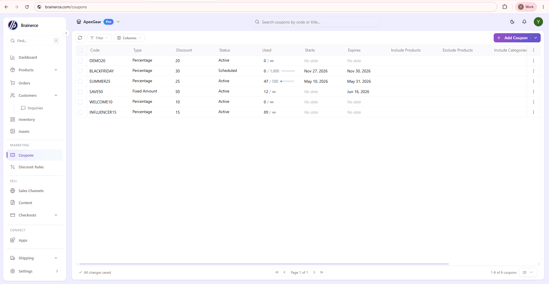Coupons list after save, where DEMO20 (Percentage 20, Active, 0/∞) appears at the top above the previous coupons