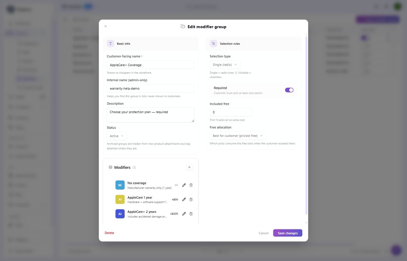Edit Modifier Group dialog pre-filled with AppleCare+ Coverage data: Single selection, Required ON, Included free 0, and three modifier options (No coverage $0, AppleCare 1yr +$99, AppleCare+ 2yr +$199)