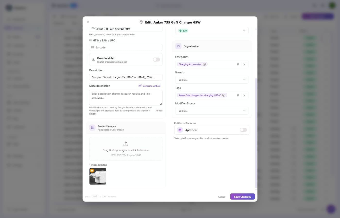 Product editor showing the Organization panel with the Modifier Groups dropdown, reached by scrolling down past Description and Product Images
